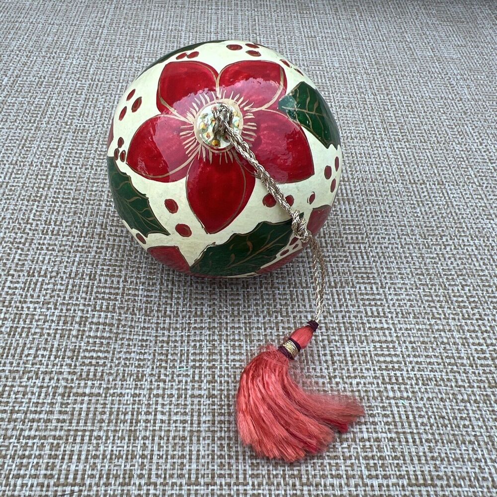Vintage Hand Painted Poinsettia Christmas Ball Ornament 3” Made In India